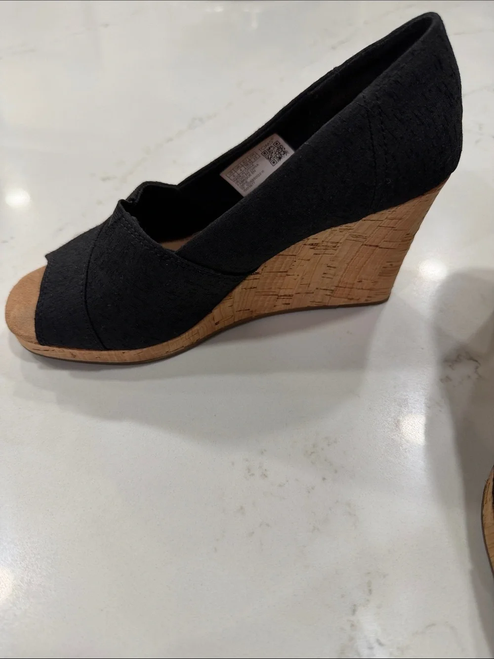 TOMS Black Open-Toe Cork-Look Wedge Heels